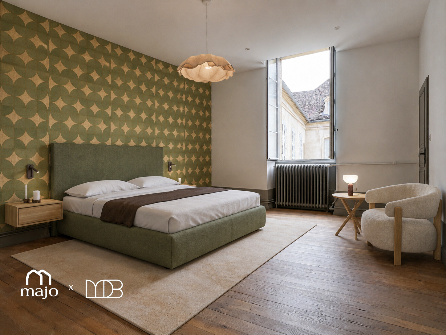 Chambre au papier peint vert olive et parquet clair